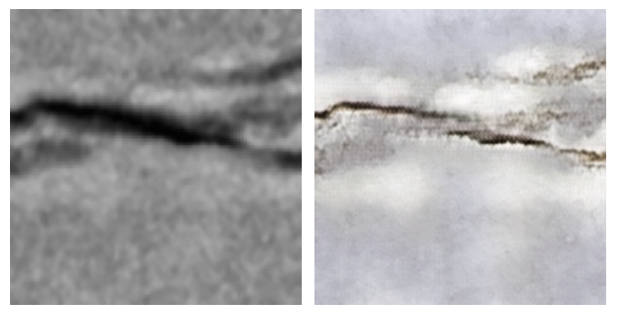 Crack defect: X-ray radiograph (left) vs CycleGAN-generated RGB image (right)