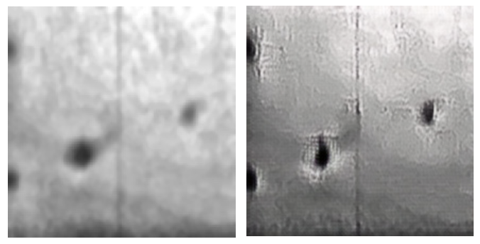 Porosity defect: X-ray radiograph (left) vs CycleGAN-generated RGB image (right)