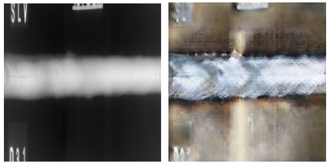 Spatter defect: X-ray radiograph (left) vs CycleGAN-generated RGB image (right)
